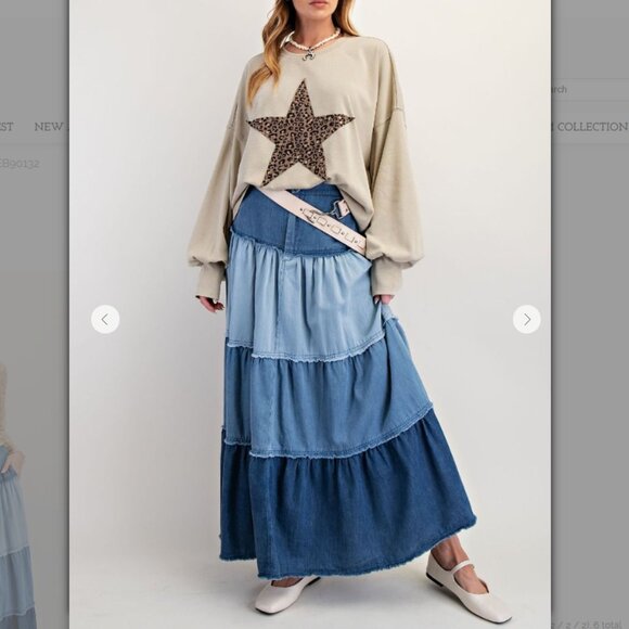 90132 EASEL Shades of Blue Denim Tiered Maxi Skirt